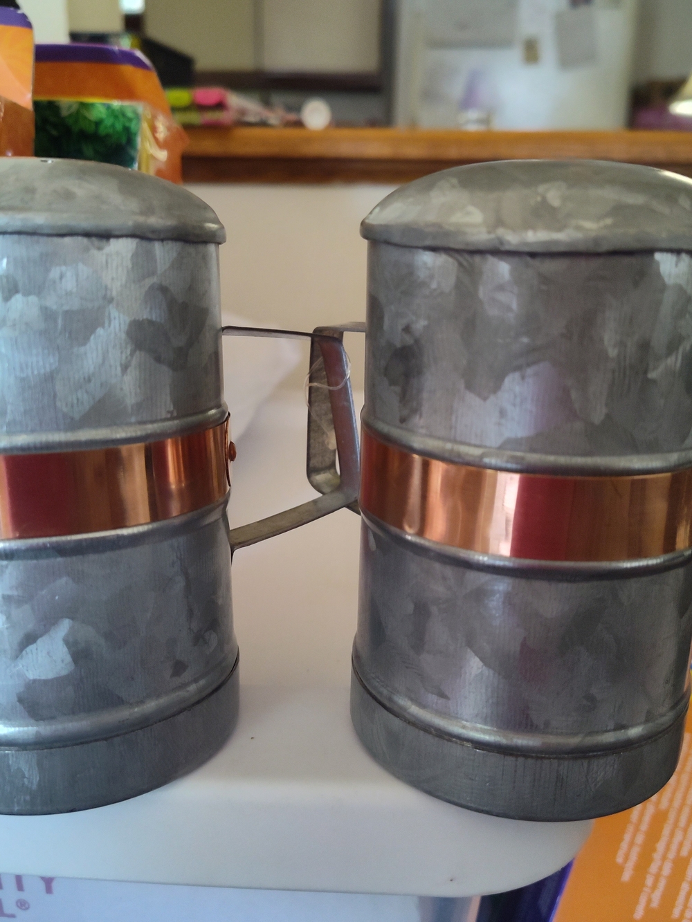 Galvanized Metal Salt and Pepper Shaker Set with Copper Band